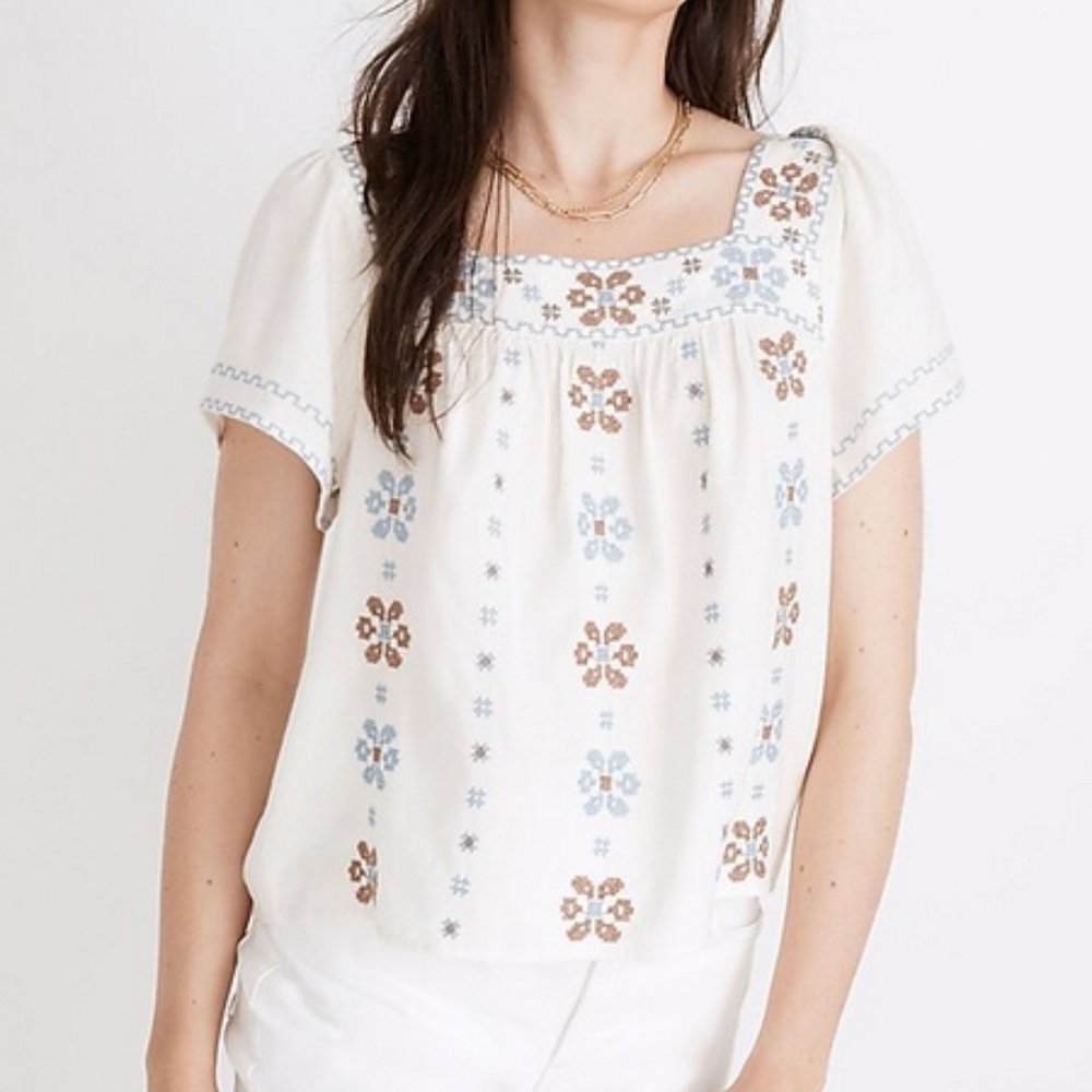 NWT MADEWELL Cross-Stitch Ivory White Embroidery Spring Top SMALL